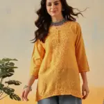 Kaashley Hand Embroidered Mustard Chanderi Lucknowi Chikankari Short Kurti