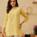 Kaashley Hand Embroidered Yellow Cotton Lucknowi Chikankari Short Kurti