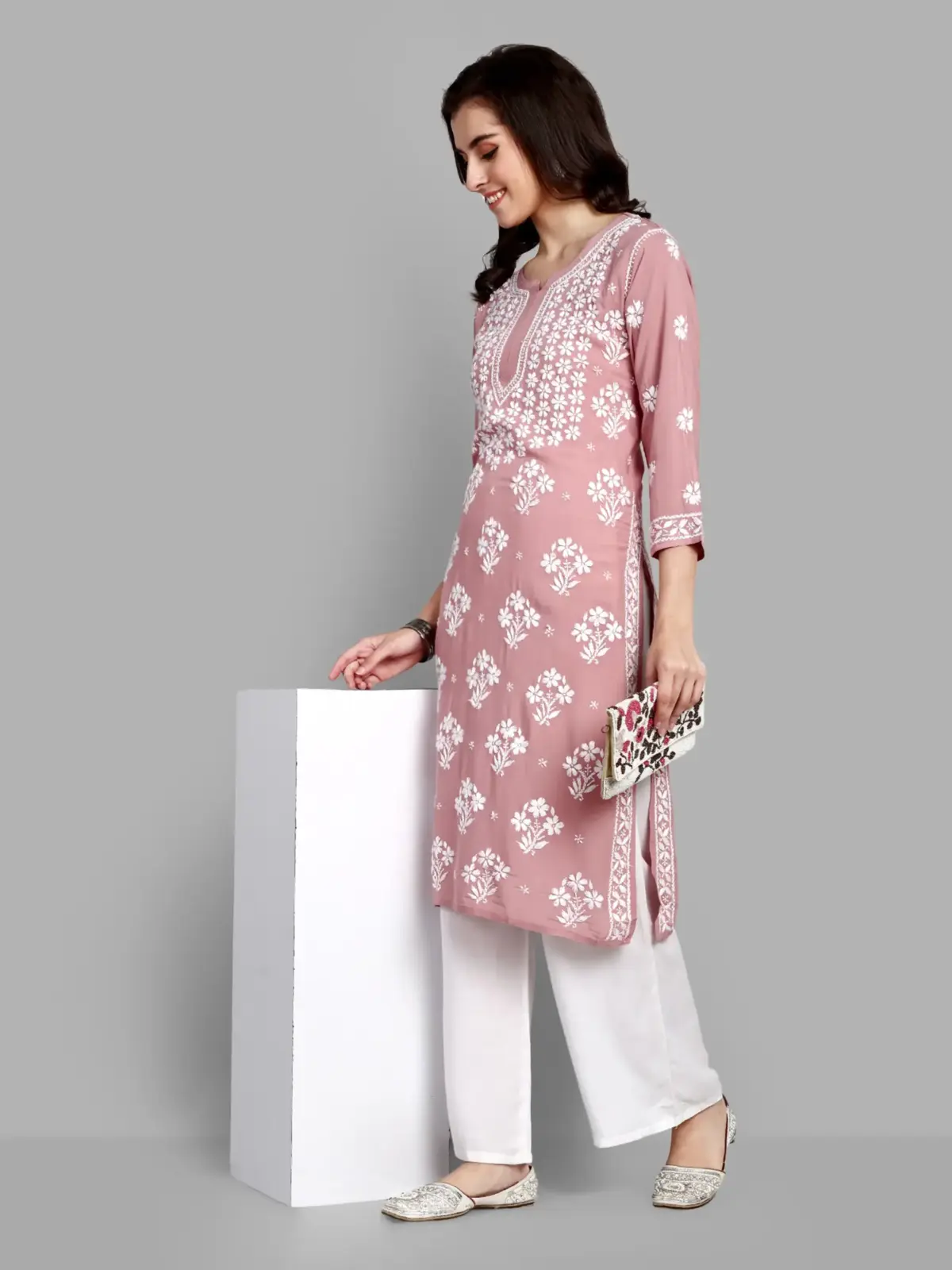 Kaashley Hand Embroidered Dusty Pink Modal Lucknowi Chikankari Straight Kurta - Image 7