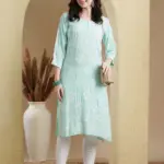 Kaashley Hand Embroidered Sea Green Modal Lucknowi Chikankari Straight Kurta