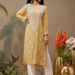 kaashley Hand Embroidered Yellow Rayon Lucknowi Chikankari Straight Kurta