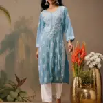 kaashley Hand Embroidered Ink Blue Rayon Lucknowi Chikankari Straight Kurta