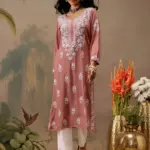 kaashley Hand Embroidered Dusty Peach Rayon Lucknowi Chikankari Straight Kurta