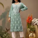 kaashley Hand Embroidered Teal Green Rayon Lucknowi Chikankari Straight Kurta