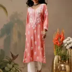kaashley Hand Embroidered Peach Rayon Lucknowi Chikankari Straight Kurta
