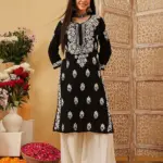 kaashley Hand Embroidered Black Rayon Lucknowi Chikankari Straight Kurta