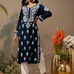 kaashley Hand Embroidered Navy Blue Cotton Lucknowi Chikankari Straight Kurta