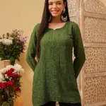 kaashley Hand Embroidered Bottle Green Georgette Lucknowi Chikankari Short Kurti