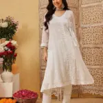 Kaashley Hand Embroidered White Kota Angarkha Lucknowi Chikankari Kurta