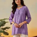 Kaashley Hand Embroidered Purple Chanderi Lucknowi Chikankari Short Kurti
