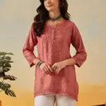 Kaashley Hand Embroidered Dusty Peach Chanderi Lucknowi Chikankari Short Kurti