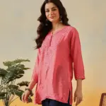 Kaashley Hand Embroidered Carrot Pink Chanderi Lucknowi Chikankari Short Kurti